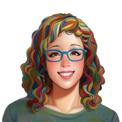 Betsy DeVille Avatar. this illustration shows Betsy asa white woman wearing aqua colored glasses. Her curly brown hair is streaked with a rainbow of colors in muted jewel tones. She is smiling. 