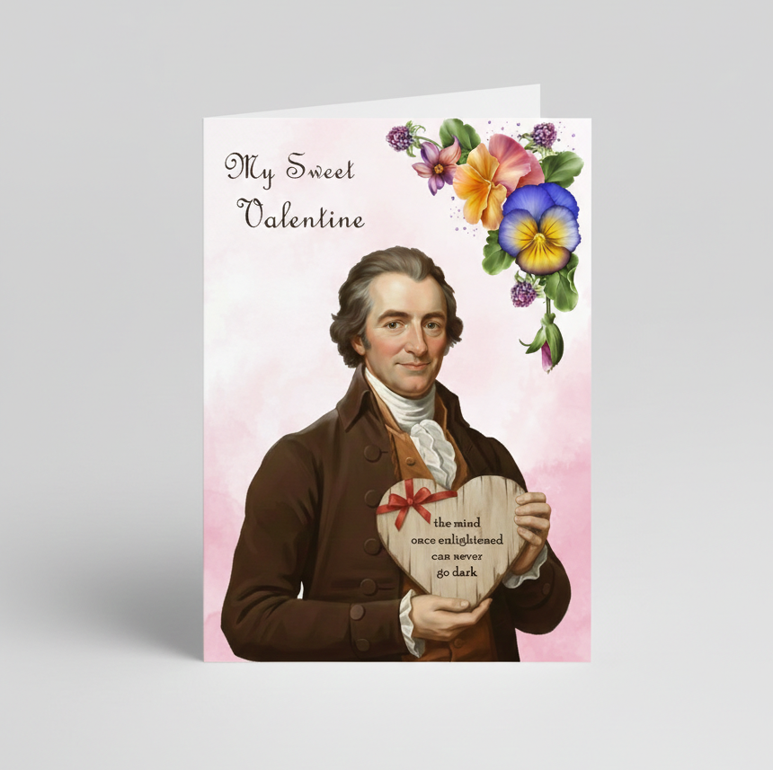 thomas paine valentines day card featuring the freethought symbol, pansies and greeting: My Sweet Valentine